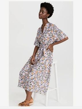 Vince Wisteria Vine Short Cuffed Sleeve V-Neck Dress